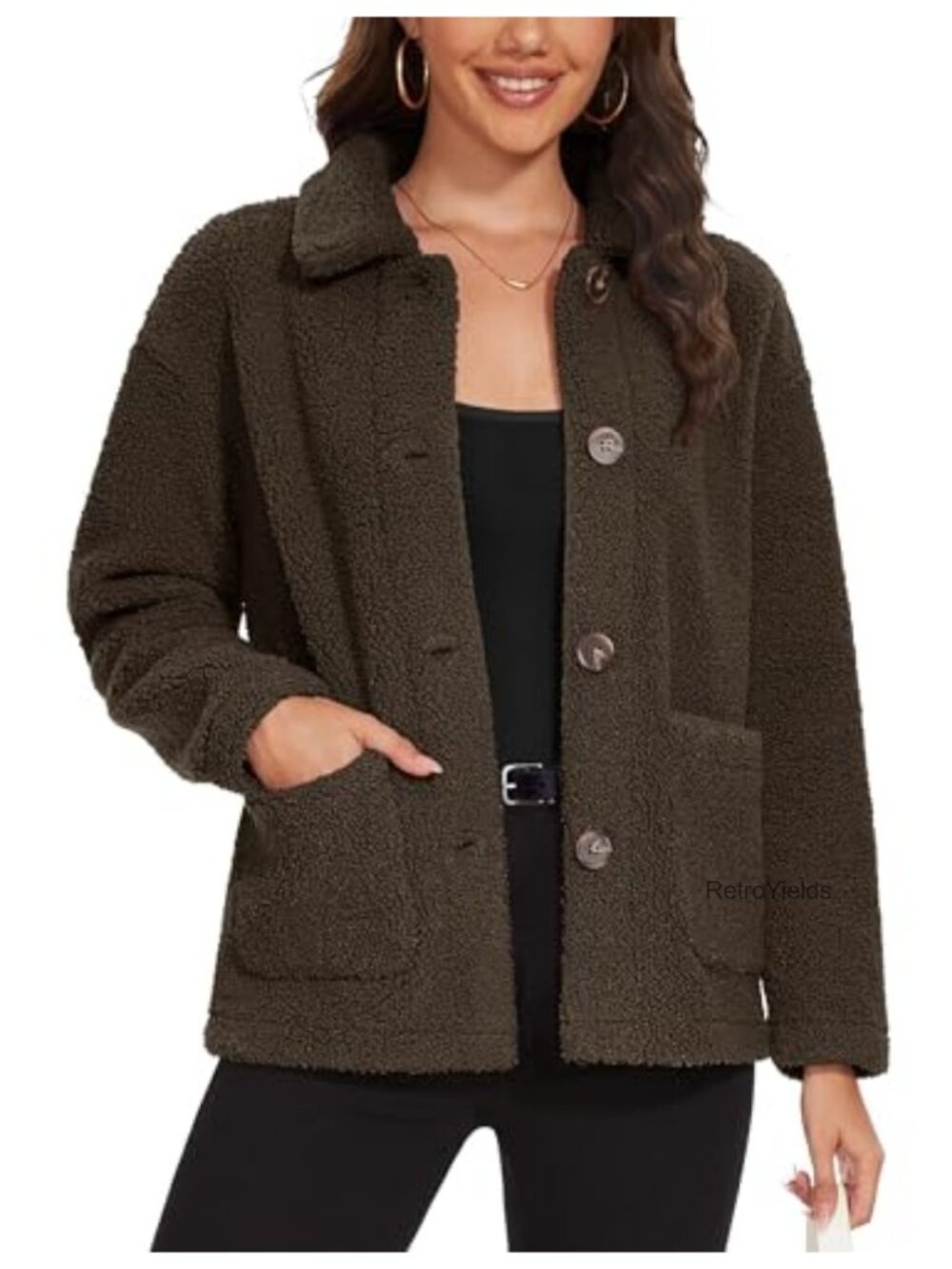 Womens Sherpa Fleece Jacket Fuzzy Warm Winter Button Down Coat Long Sleeve